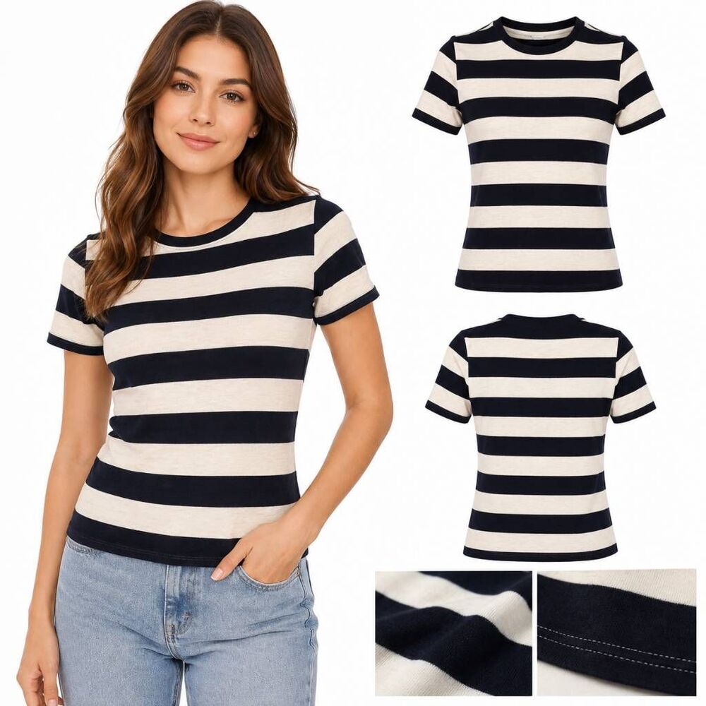 Marled Essentials Black White Striped Tee XS